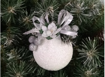 Новогодний шар с декором "Белоснежная пуансетия" Ø8 см (1шт)