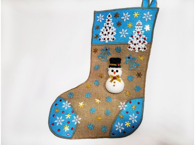 Рождественский носок "Снеговик с елочками"/голубой 43*30 см (1шт)