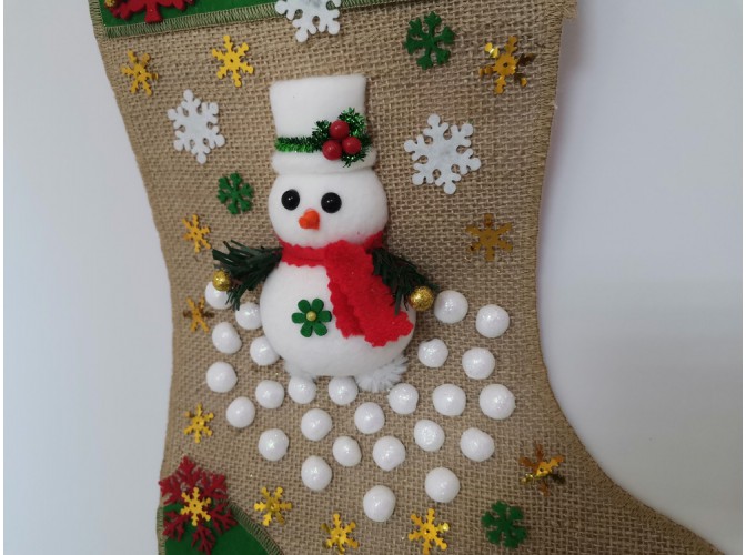 Рождественский носок "Снеговик с елочками"/зеленый 43*30 см (1шт)