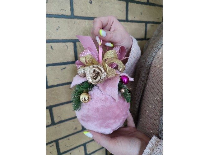 Новогодний бархатный шар с декором "Пыльная роза" Ø12 см  (1шт)